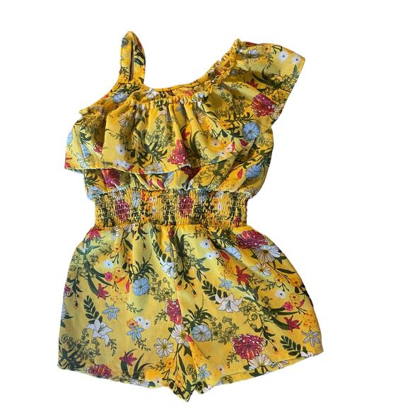 BCBGirls Yellow One Shoulder Floral Romper Size Medium 10/12 - Picture 2 of 2